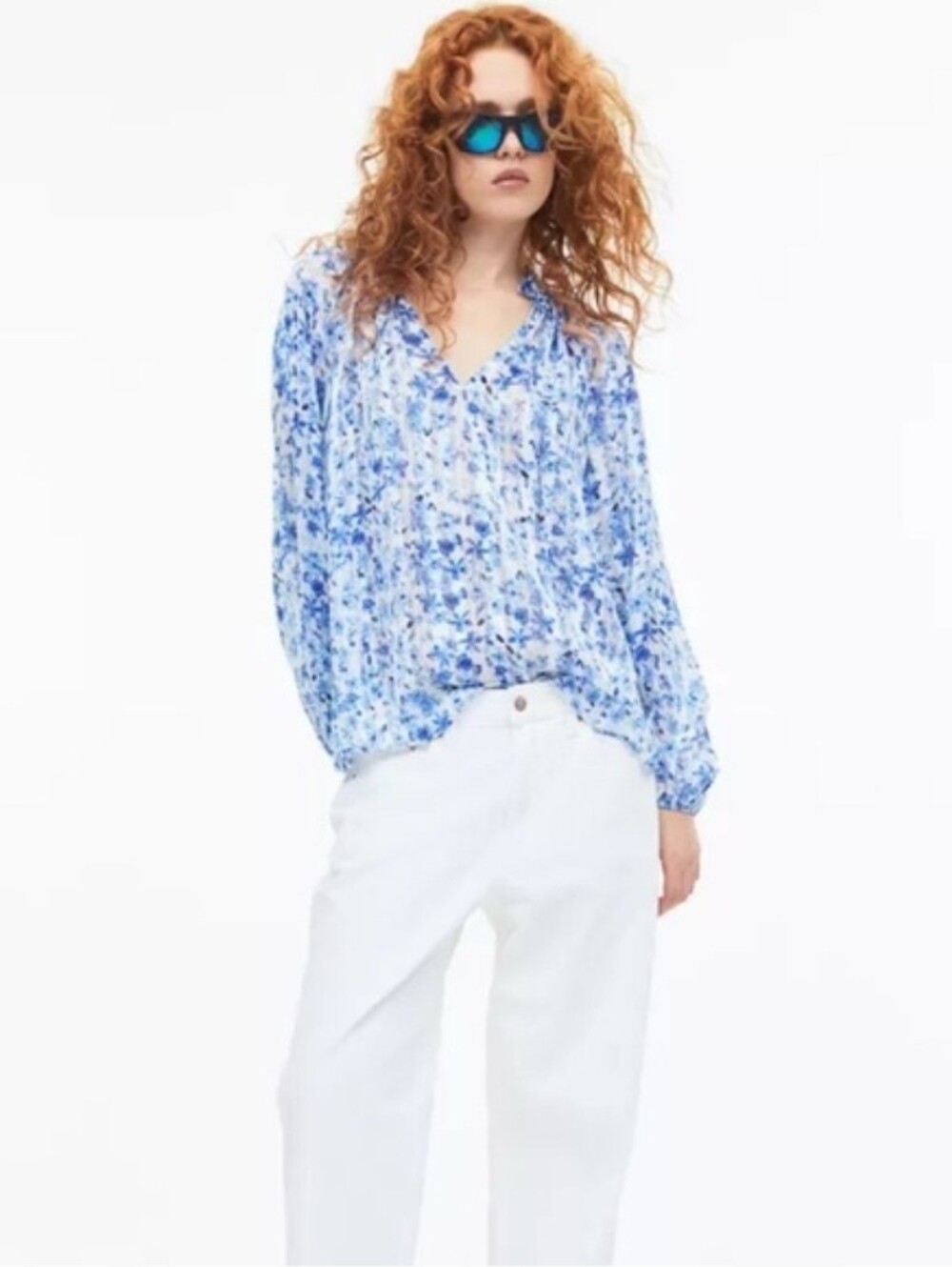 H&M Light Blue Frill Crepe Floral V-Neck Blouse NWT